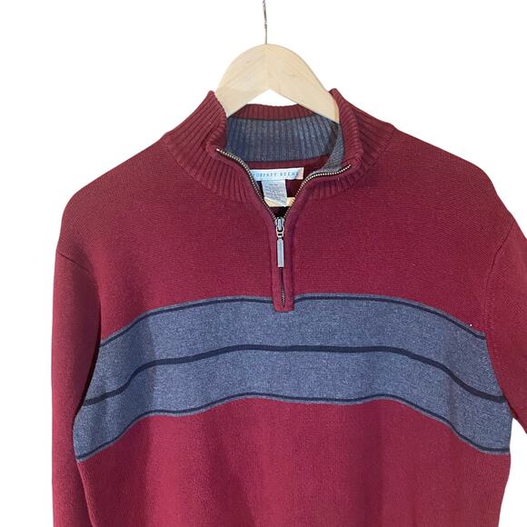 Geoffrey Beene Men’s Quarter Zip Sweater Burgundy Gray Stripe Cotton Blend M - Picture 2 of 5